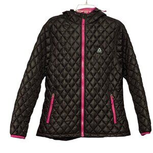 Reebok Women XL Quilted Hooded Jacket Black & Pink Full Zip Pockets Lightweight